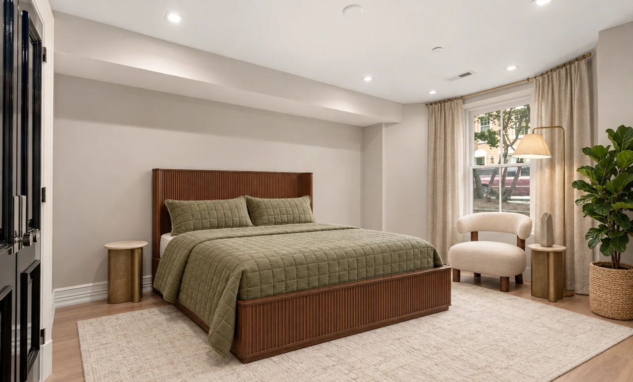 The same bedroom reimagined with a fluted walnut bed, an olive linen quilt and a bouclé chair by the window