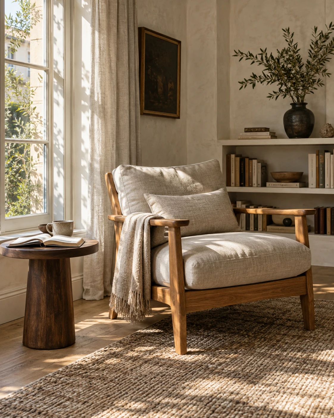 A thoughtful reading corner with an oak chair, soft linen, books, and warm daylight